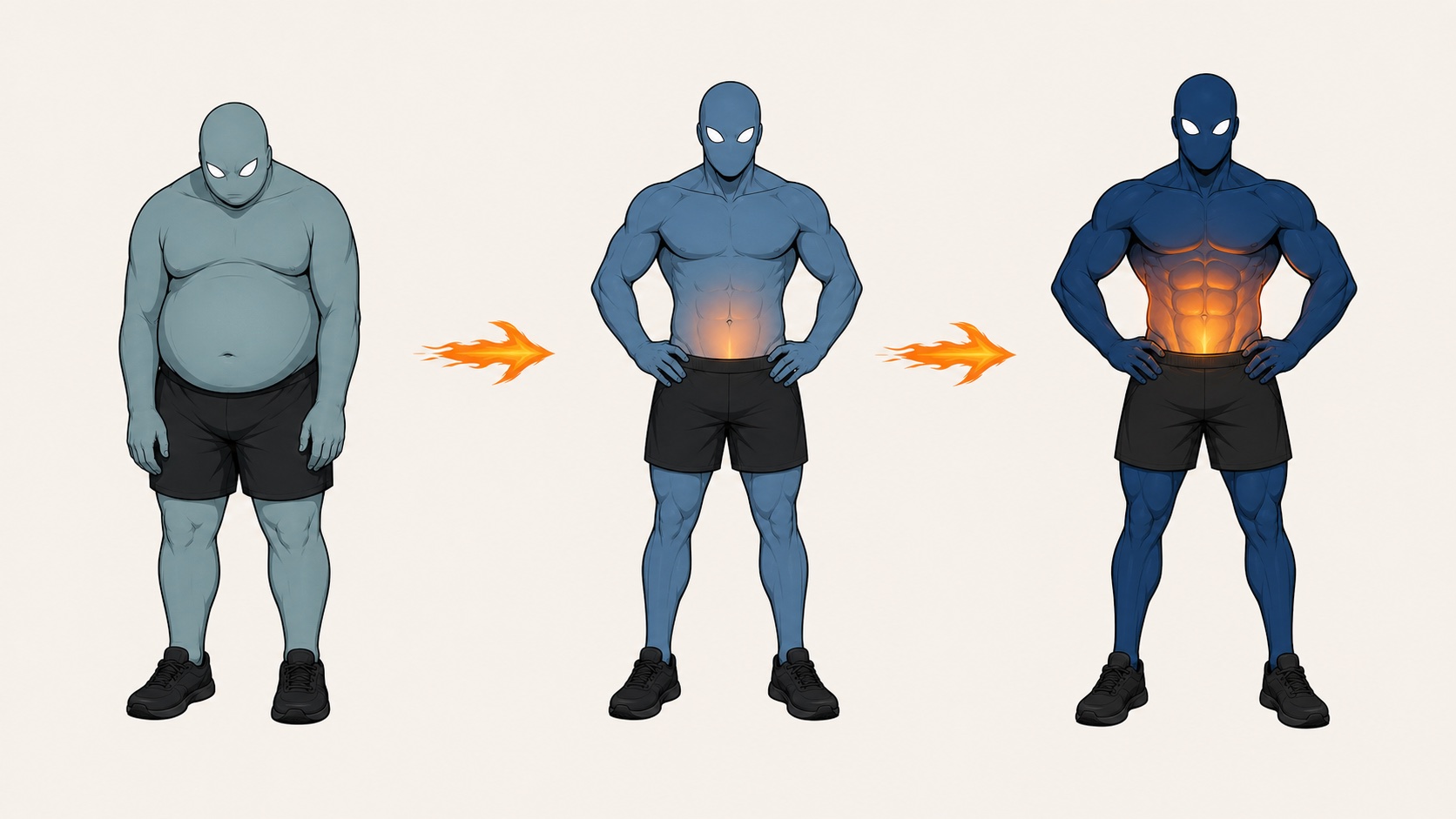 The same man in three stages: heavy and slumped, then halfway, then lean with a hard midsection and the furnace lit