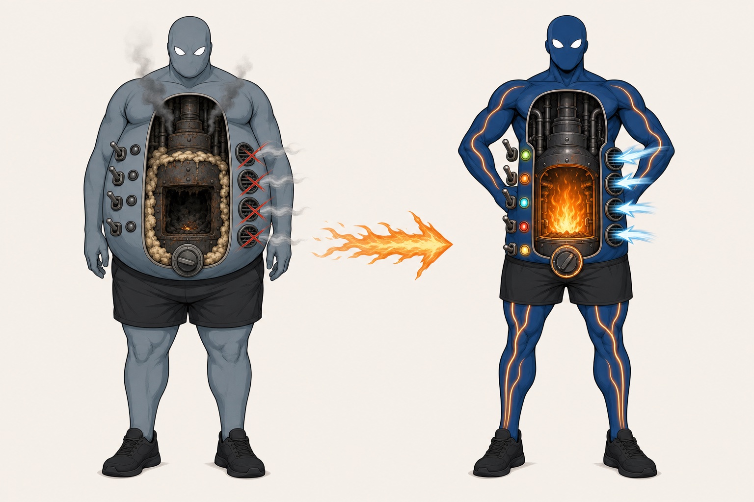 The Fat Furnace metaphor showing a man moving from poor metabolic health and low capacity to a stronger, more active body.